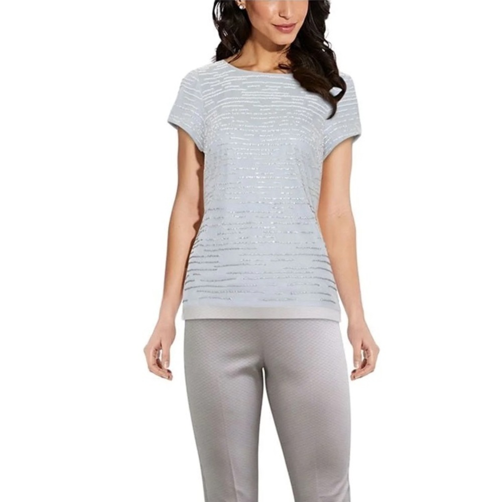 ADRIANNA PAPELL Womens Blue Sequined  Printed Short Sleeve Scoop Neck Cocktail